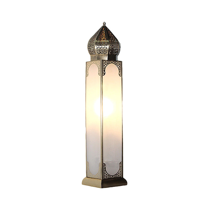 1-Head Desk Lighting Antiqued Living Room Night Table Lamp with Cuboid White Glass Shade in Brass Clearhalo 'Lamps' 'Table Lamps' Lighting' 393481