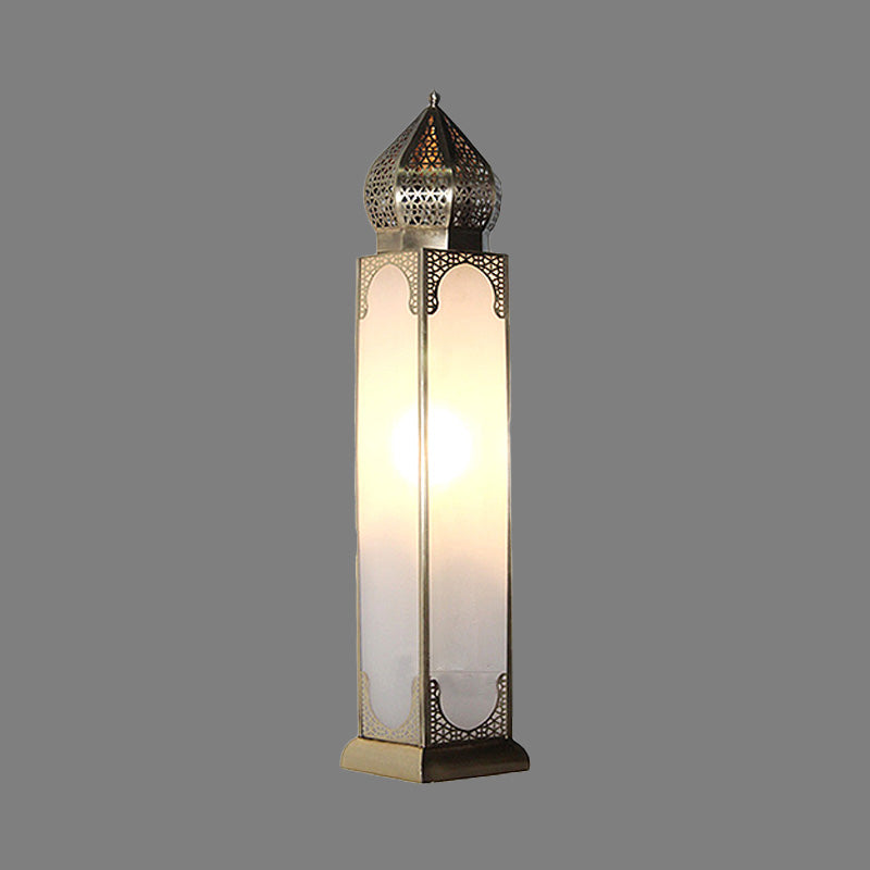 1-Head Desk Lighting Antiqued Living Room Night Table Lamp with Cuboid White Glass Shade in Brass Clearhalo 'Lamps' 'Table Lamps' Lighting' 393482