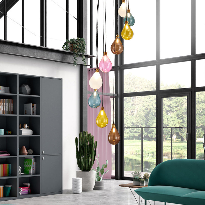 9 Lights Balloon Cluster Pendant Modern White/Pink Glass LED Hanging Ceiling Lamp with Spiral Design Pink Clearhalo 'Ceiling Lights' 'Glass shade' 'Glass' 'Modern Pendants' 'Modern' 'Pendant Lights' 'Pendants' Lighting' 393484