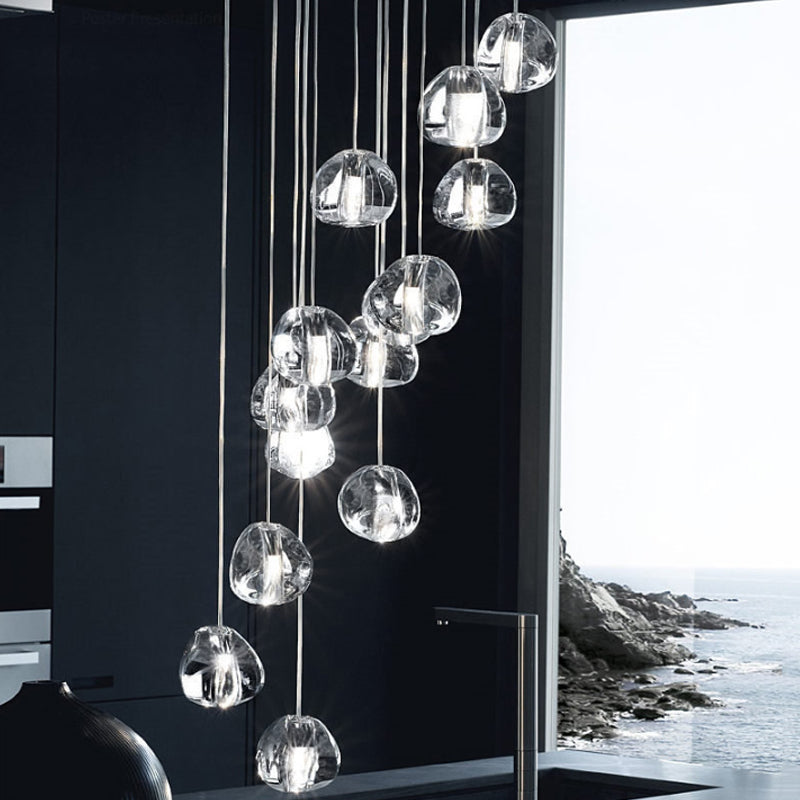 Silver 14 Bulbs LED Ceiling Light Modernism Clear Concave Glass Meteor Shower Cluster Pendant Lamp Clearhalo 'Ceiling Lights' 'Glass shade' 'Glass' 'Modern Pendants' 'Modern' 'Pendant Lights' 'Pendants' Lighting' 393500