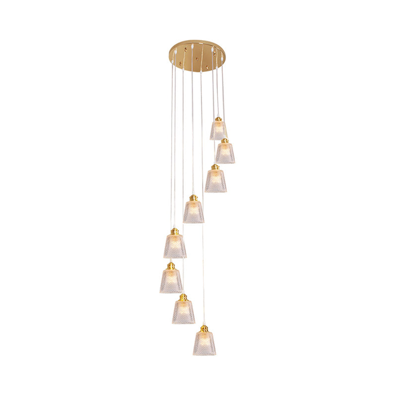 Modernist Cone Hanging Lamp Kit 8-Bulb Clear Lattice Glass Multi Light Pendant in Gold with Spiral Design Clearhalo 'Ceiling Lights' 'Glass shade' 'Glass' 'Modern Pendants' 'Modern' 'Pendant Lights' 'Pendants' Lighting' 393526