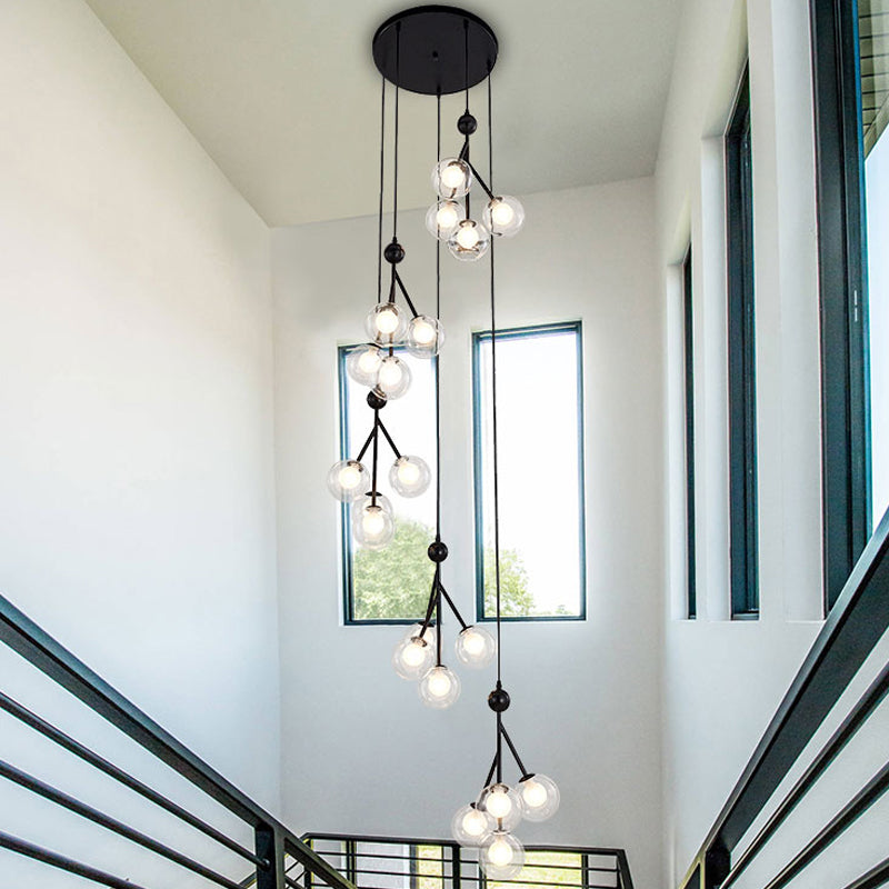 Global Stair Cluster Pendant Lamp Minimalist Clear/Amber/Smoke Gray Glass 20-Light Black/Gold Ceiling Light Fixture Clear Black Clearhalo 'Ceiling Lights' 'Glass shade' 'Glass' 'Modern Pendants' 'Modern' 'Pendant Lights' 'Pendants' Lighting' 393558