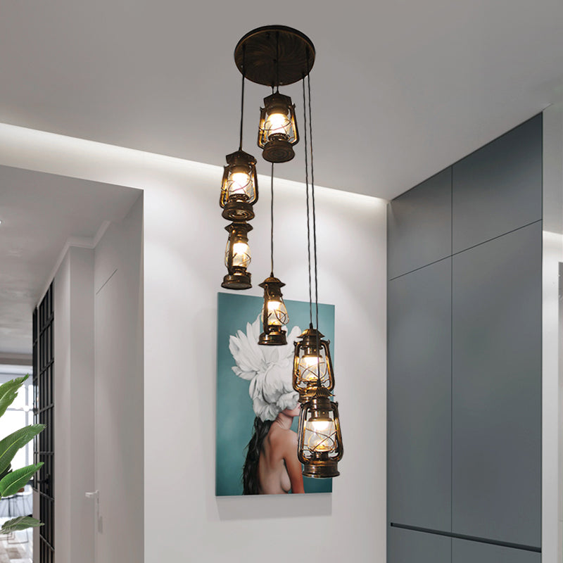 6 Bulbs Metallic Hanging Lamp Contemporary Bronze Lantern Stair Multi Light Pendant Bronze Clearhalo 'Ceiling Lights' 'Glass shade' 'Glass' 'Modern Pendants' 'Modern' 'Pendant Lights' 'Pendants' Lighting' 393564