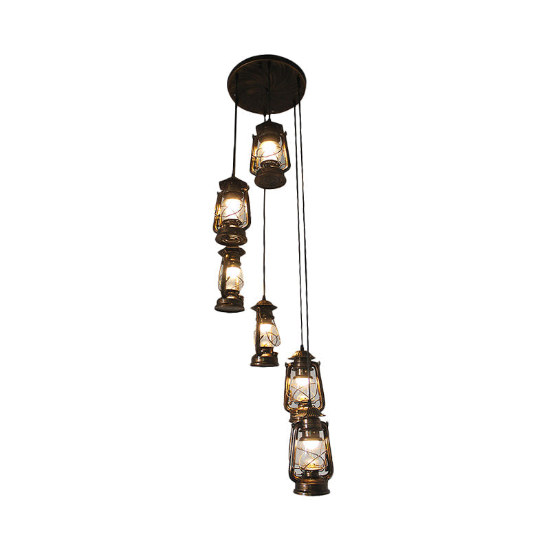 6 Bulbs Metallic Hanging Lamp Contemporary Bronze Lantern Stair Multi Light Pendant Clearhalo 'Ceiling Lights' 'Glass shade' 'Glass' 'Modern Pendants' 'Modern' 'Pendant Lights' 'Pendants' Lighting' 393567