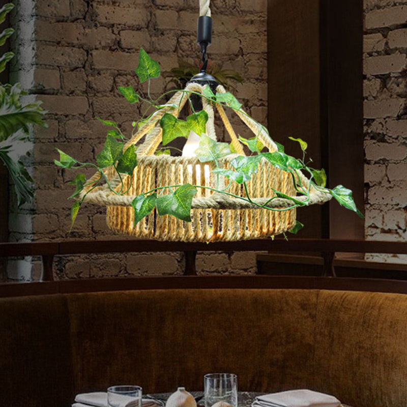 House Restaurant Ceiling Light Retro Metal 1 Head Yellow LED Drop Pendant with Plant Decor Clearhalo 'Ceiling Lights' 'Industrial Pendants' 'Industrial' 'Middle Century Pendants' 'Pendant Lights' 'Pendants' 'Tiffany' Lighting' 398114