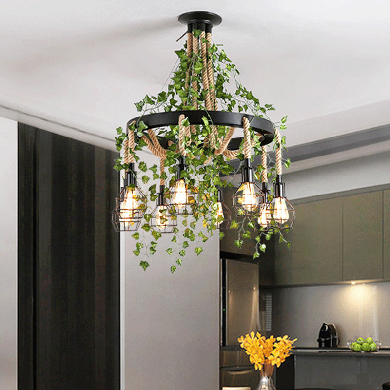 8 Heads Hemp Rope Cluster Pendant Industrial Black Bare Bulb Restaurant LED Down Lighting with Plant Black Clearhalo 'Ceiling Lights' 'Industrial Pendants' 'Industrial' 'Middle Century Pendants' 'Pendant Lights' 'Pendants' 'Tiffany' Lighting' 398179