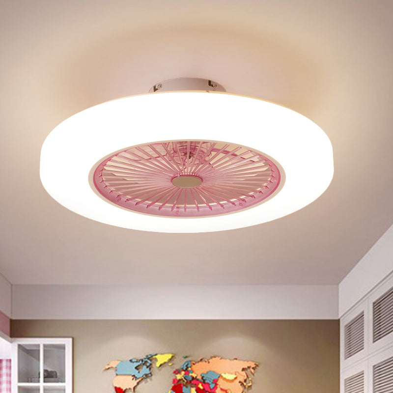 Acrylic Doughnut Ceiling Fan Light Simple Living Room LED Semi Flush Mounted Lamp Fixture in White/Pink/Yellow, 21