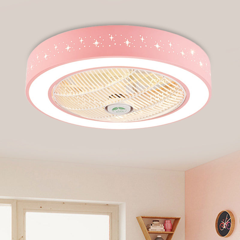 Drum Acrylic Semi Flush Mounted Lighting Kids Bedroom 7 Blades LED Ceiling Fan Lamp Fixture in Pink/Blue/White, 23.5