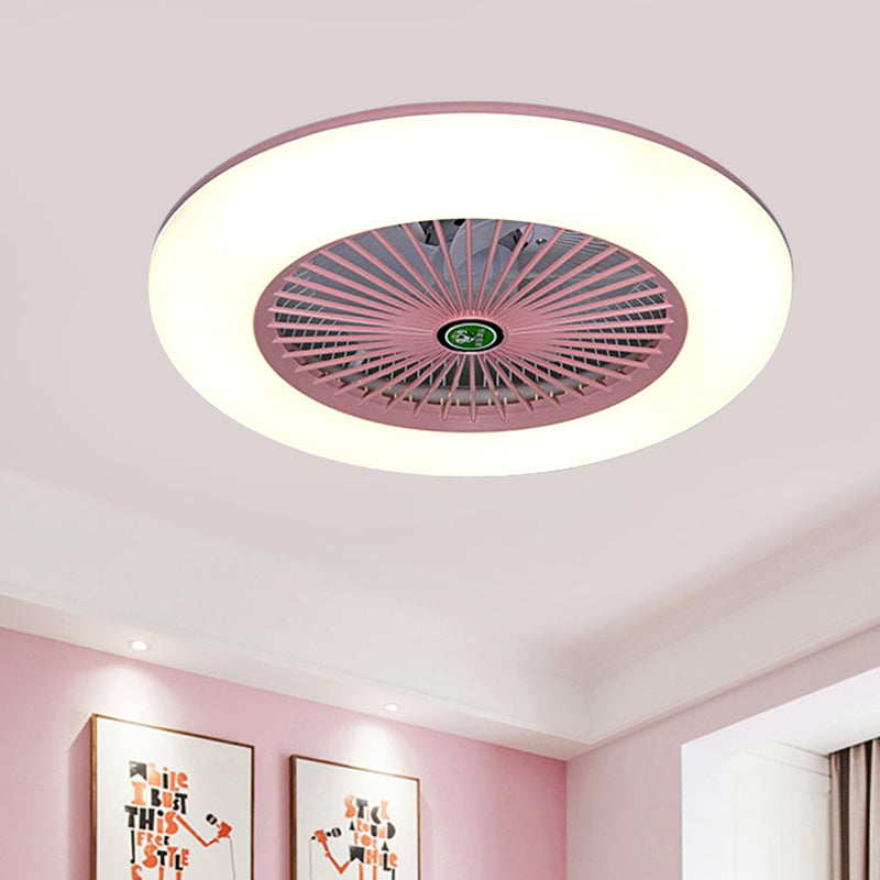 Pink/Blue LED Semi Flush Mount Light Fixture Modern Acrylic Circle 5 Blades Hanging Fan Lamp for Bedroom, 21.5