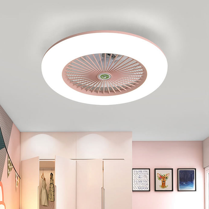 Pink/Blue LED Semi Flush Mount Light Fixture Modern Acrylic Circle 5 Blades Hanging Fan Lamp for Bedroom, 21.5