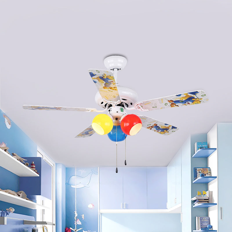 Orb Living Room Semi Flushmount Kids Colorful Glass LED White Hanging Ceiling Fan Light with 5 Blades, 42