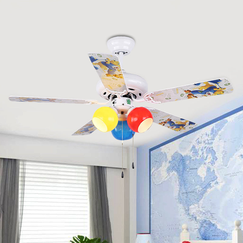 Orb Living Room Semi Flushmount Kids Colorful Glass LED White Hanging Ceiling Fan Light with 5 Blades, 42