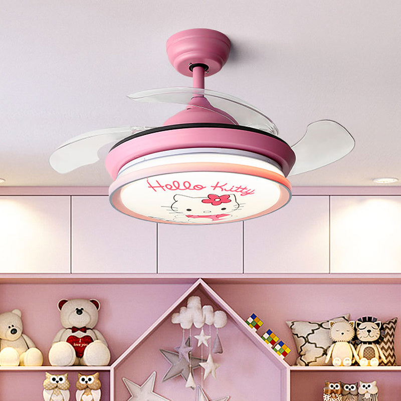 LED Round Pendant Fan Lighting Kids Pink/Blue Acrylic 4 ABS Blades Semi Flushmount, Wall/Remote Control, 36