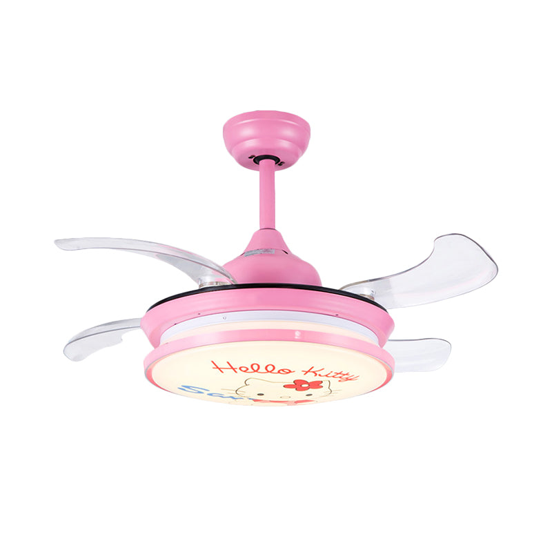 LED Round Pendant Fan Lighting Kids Pink/Blue Acrylic 4 ABS Blades Semi Flushmount, Wall/Remote Control, 36