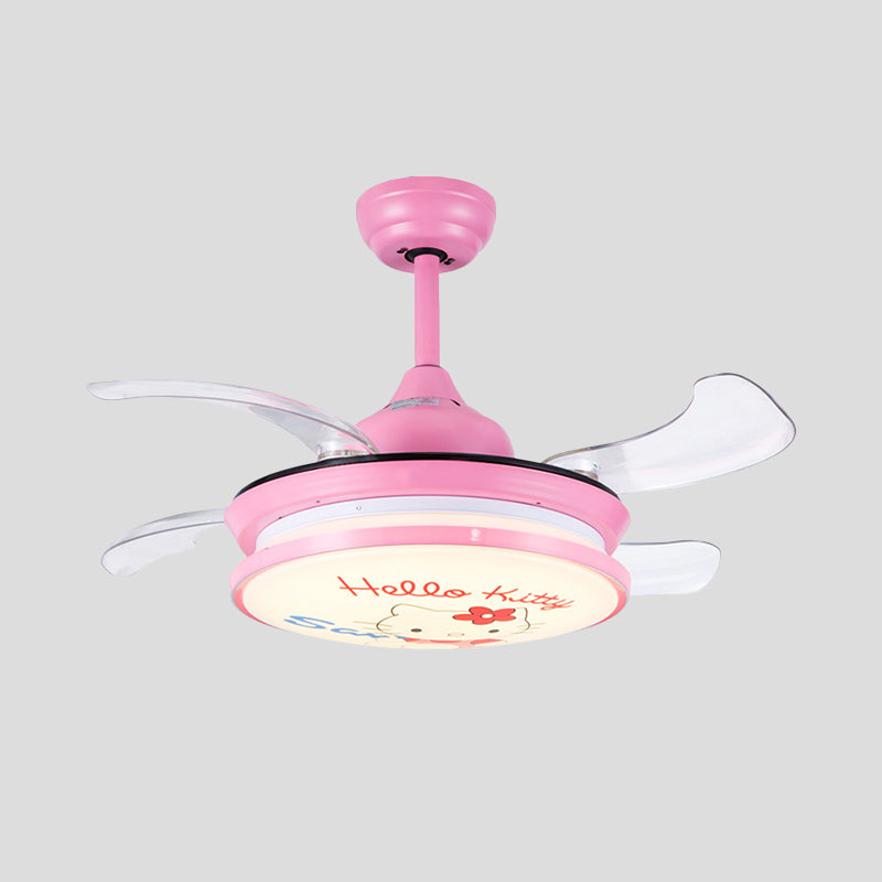 LED Round Pendant Fan Lighting Kids Pink/Blue Acrylic 4 ABS Blades Semi Flushmount, Wall/Remote Control, 36