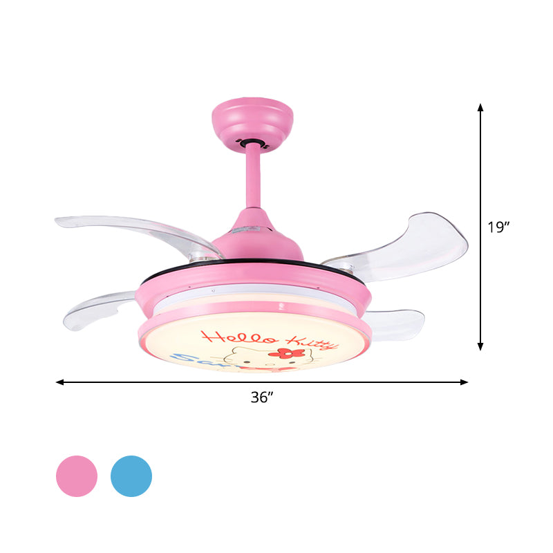 LED Round Pendant Fan Lighting Kids Pink/Blue Acrylic 4 ABS Blades Semi Flushmount, Wall/Remote Control, 36