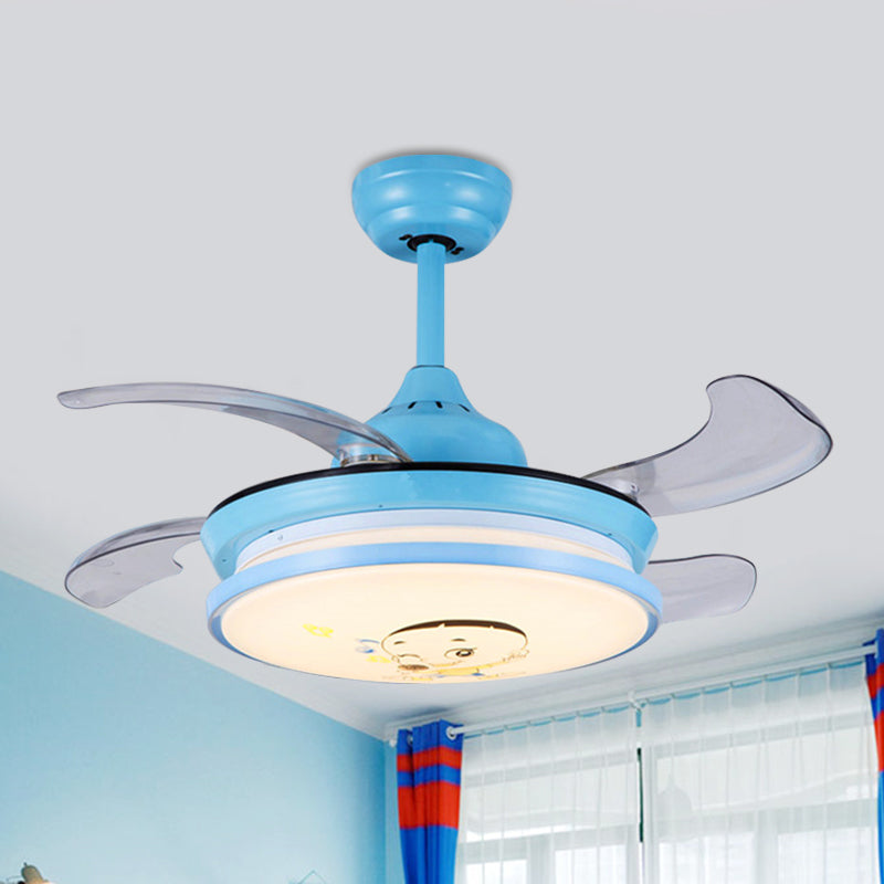 LED Round Pendant Fan Lighting Kids Pink/Blue Acrylic 4 ABS Blades Semi Flushmount, Wall/Remote Control, 36