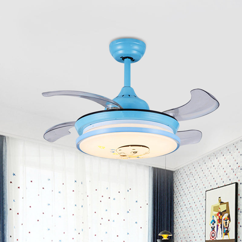 LED Round Pendant Fan Lighting Kids Pink/Blue Acrylic 4 ABS Blades Semi Flushmount, Wall/Remote Control, 36