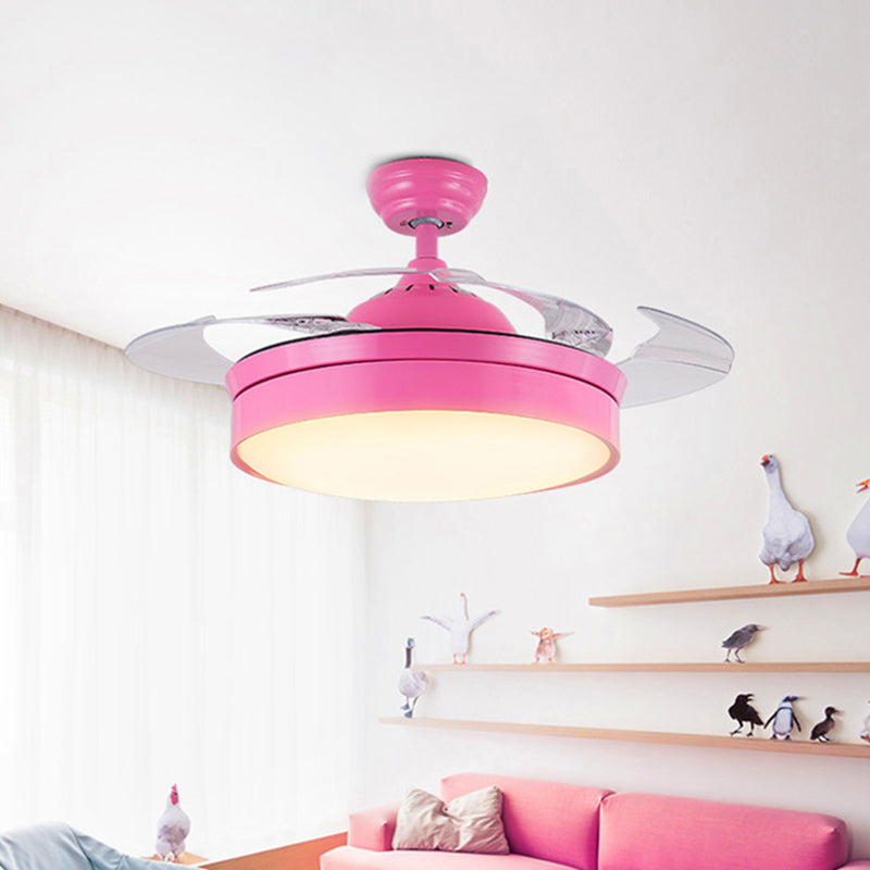 Pink Circular Ceiling Fan Lamp Modern Acrylic Bedroom 4 Blades LED Semi Flush Lighting, 42