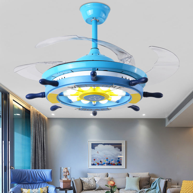 Rudder Bedroom Semi Flush Mounted Light Kids Acrylic Pink/Blue/White LED Hanging Ceiling Fan Lamp with 4 Clear Blades, 42