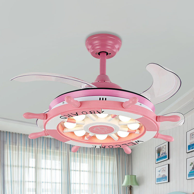 Rudder Bedroom Semi Flush Mounted Light Kids Acrylic Pink/Blue/White LED Hanging Ceiling Fan Lamp with 4 Clear Blades, 42