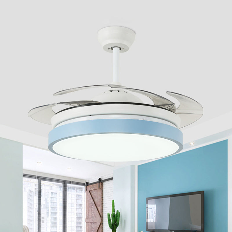 Round Living Room Semi Flushmount Modern Acrylic Pink/Yellow/Blue LED Hanging Ceiling Fan Light with 4 Blades, 42.5