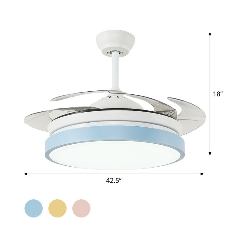 Round Living Room Semi Flushmount Modern Acrylic Pink/Yellow/Blue LED Hanging Ceiling Fan Light with 4 Blades, 42.5