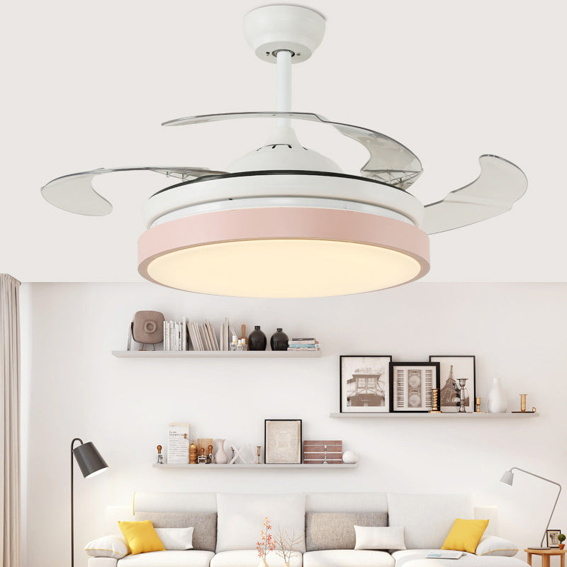 Round Living Room Semi Flushmount Modern Acrylic Pink/Yellow/Blue LED Hanging Ceiling Fan Light with 4 Blades, 42.5