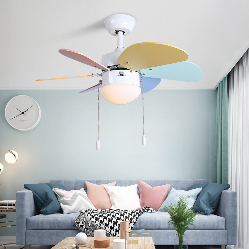 LED Dome Ceiling Fan Lighting Kids White Acrylic Semi Flush Mount Lamp with 6 Wooden Blades, 30