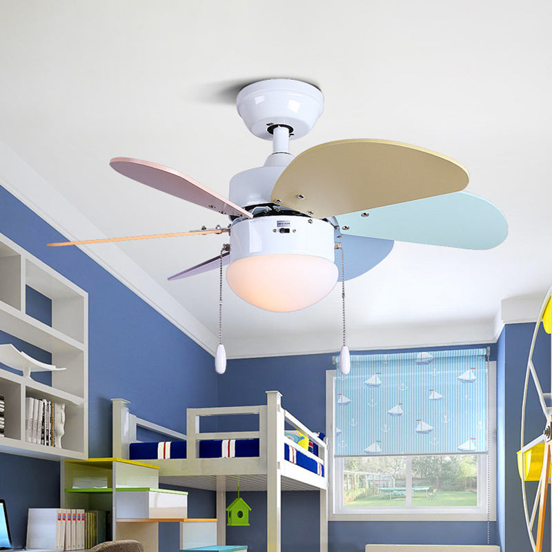 LED Dome Ceiling Fan Lighting Kids White Acrylic Semi Flush Mount Lamp with 6 Wooden Blades, 30