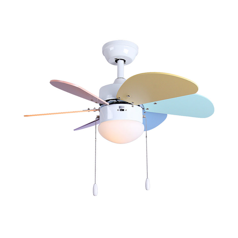 LED Dome Ceiling Fan Lighting Kids White Acrylic Semi Flush Mount Lamp with 6 Wooden Blades, 30