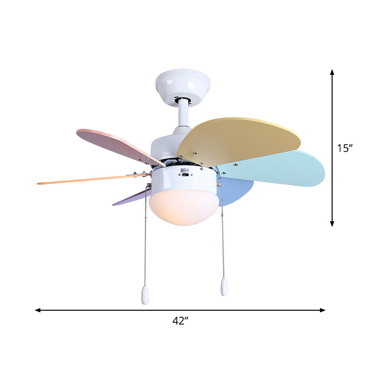 LED Dome Ceiling Fan Lighting Kids White Acrylic Semi Flush Mount Lamp with 6 Wooden Blades, 30