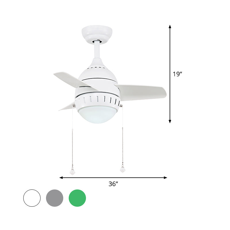 3 Blades LED Hanging Fan Lamp Modern Bedroom Semi Flush Light with Oval Acrylic Shade in Silver/White/Green, 26