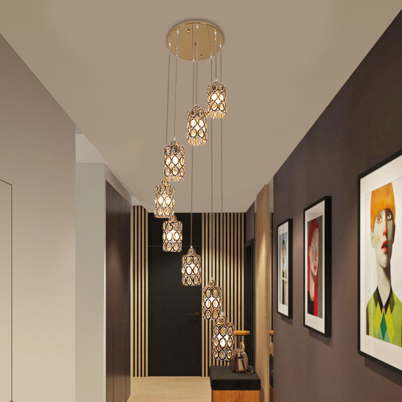 8 Heads Hanging Lamp Contemporary Stair Multi Light Pendant with Cylinder Crystal Shade in Gold Gold Clearhalo 'Ceiling Lights' 'Modern Pendants' 'Modern' 'Pendant Lights' 'Pendants' Lighting' 398671