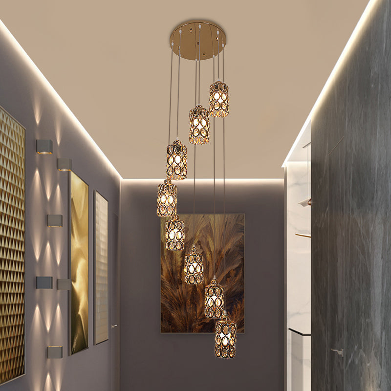 8 Heads Hanging Lamp Contemporary Stair Multi Light Pendant with Cylinder Crystal Shade in Gold Clearhalo 'Ceiling Lights' 'Modern Pendants' 'Modern' 'Pendant Lights' 'Pendants' Lighting' 398672