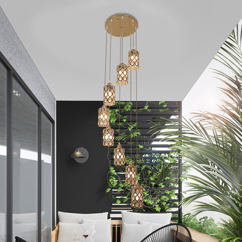 8 Heads Hanging Lamp Contemporary Stair Multi Light Pendant with Cylinder Crystal Shade in Gold Clearhalo 'Ceiling Lights' 'Modern Pendants' 'Modern' 'Pendant Lights' 'Pendants' Lighting' 398673