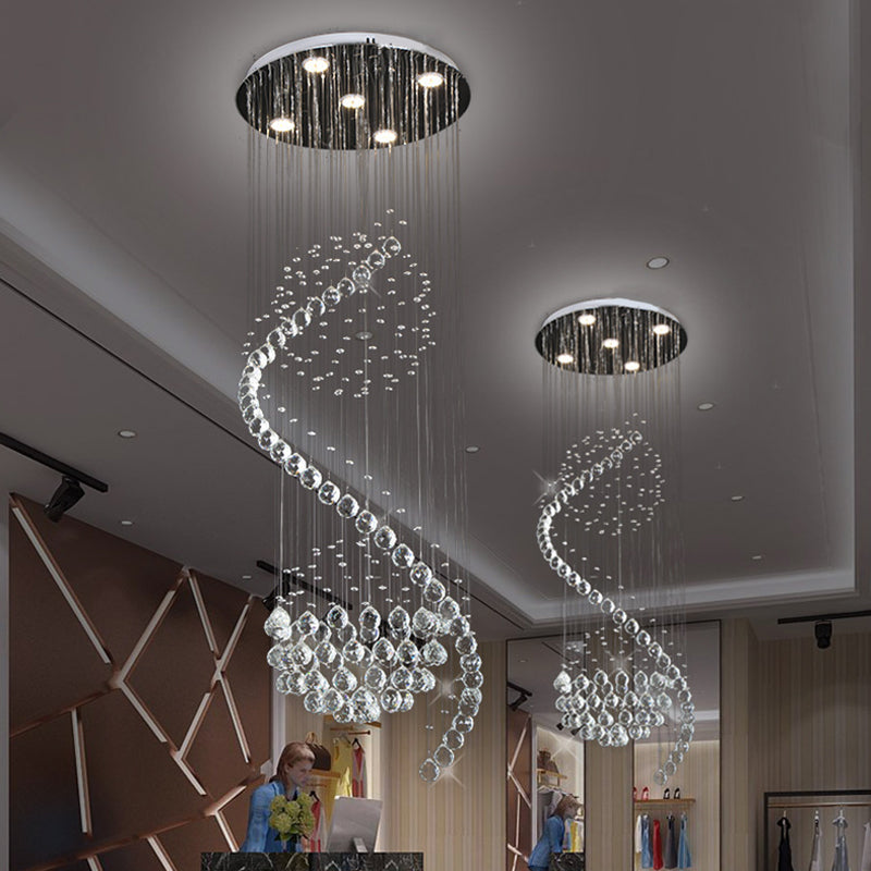 Clear Crystal Spiral Multi Light Pendant Contemporary 5 Lights Living Room LED Hanging Lamp Clearhalo 'Ceiling Lights' 'Modern Pendants' 'Modern' 'Pendant Lights' 'Pendants' Lighting' 398693