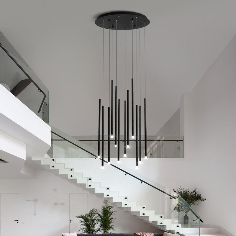 Modernist Slim Tube Pendant Light 8/12 Bulbs Acrylic LED Multi Ceiling Lamp in Black/Gold for Stair 12 Black Clearhalo 'Ceiling Lights' 'Modern Pendants' 'Modern' 'Pendant Lights' 'Pendants' Lighting' 398902