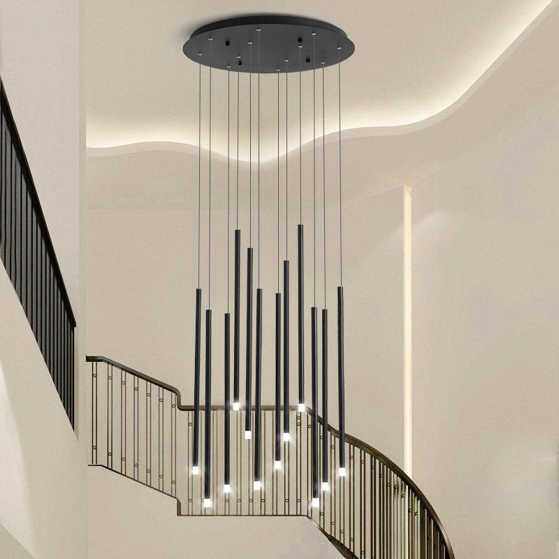 Modernist Slim Tube Pendant Light 8/12 Bulbs Acrylic LED Multi Ceiling Lamp in Black/Gold for Stair Clearhalo 'Ceiling Lights' 'Modern Pendants' 'Modern' 'Pendant Lights' 'Pendants' Lighting' 398903