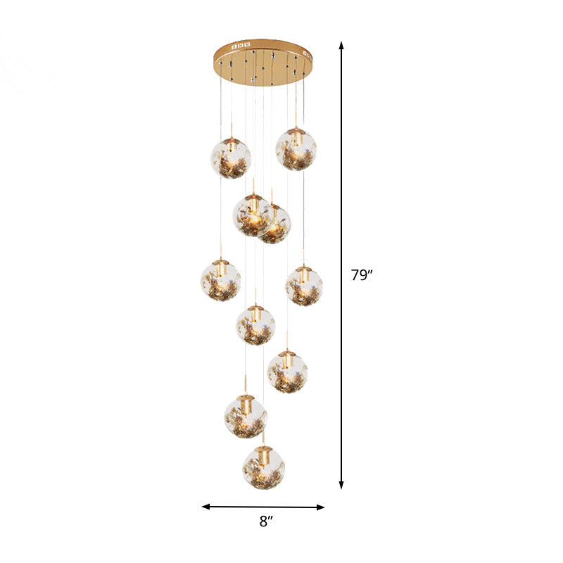 10 Bulbs Amber Dimpled Glass Pendant Contemporary Gold Ball Living Room Multi Light Chandelier Clearhalo 'Ceiling Lights' 'Modern Pendants' 'Modern' 'Pendant Lights' 'Pendants' Lighting' 398931