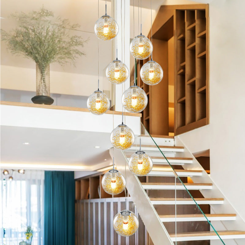 10-Head Multi Light Pendant Modernism Stair Suspension Lamp with Sphere Clear Glass Shade in Silver Clearhalo 'Ceiling Lights' 'Glass shade' 'Glass' 'Modern Pendants' 'Modern' 'Pendant Lights' 'Pendants' Lighting' 398939