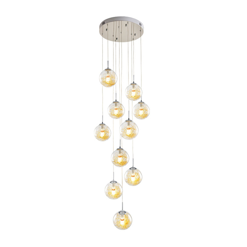 10-Head Multi Light Pendant Modernism Stair Suspension Lamp with Sphere Clear Glass Shade in Silver Clearhalo 'Ceiling Lights' 'Glass shade' 'Glass' 'Modern Pendants' 'Modern' 'Pendant Lights' 'Pendants' Lighting' 398940