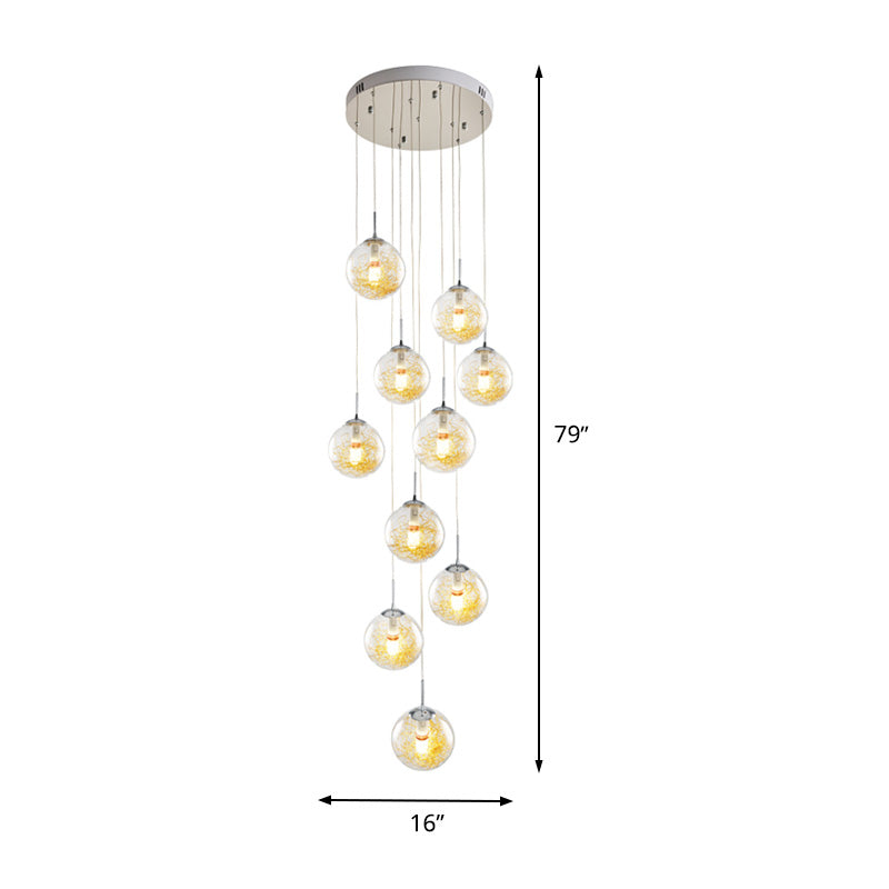 10-Head Multi Light Pendant Modernism Stair Suspension Lamp with Sphere Clear Glass Shade in Silver Clearhalo 'Ceiling Lights' 'Glass shade' 'Glass' 'Modern Pendants' 'Modern' 'Pendant Lights' 'Pendants' Lighting' 398941