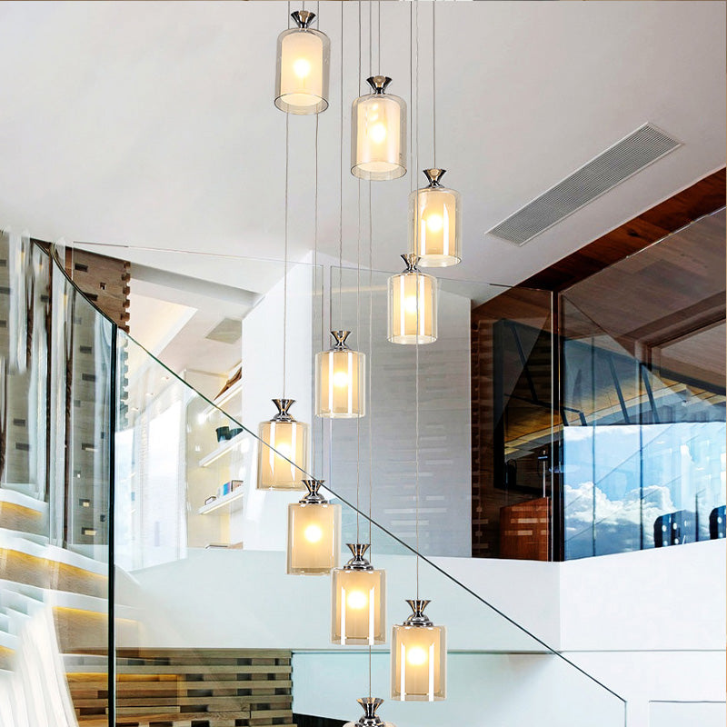 Silver Globe/Cylinder Cluster Pendant Modern Clear Glass 10-Light Stair Ceiling Hang Fixture Clearhalo 'Ceiling Lights' 'Glass shade' 'Glass' 'Modern Pendants' 'Modern' 'Pendant Lights' 'Pendants' Lighting' 398948