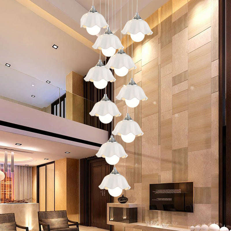 White Glass Scalloped Suspension Light Contemporary 10 Lights Living Room Multi Pendant Lamp White Clearhalo 'Ceiling Lights' 'Glass shade' 'Glass' 'Modern Pendants' 'Modern' 'Pendant Lights' 'Pendants' Lighting' 398956