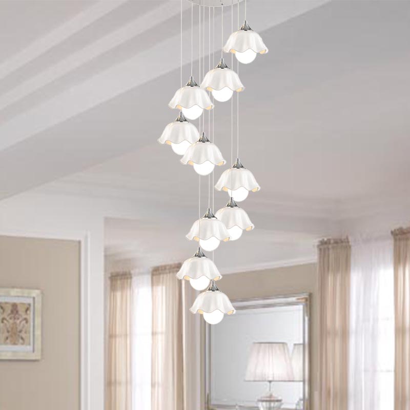 White Glass Scalloped Suspension Light Contemporary 10 Lights Living Room Multi Pendant Lamp Clearhalo 'Ceiling Lights' 'Glass shade' 'Glass' 'Modern Pendants' 'Modern' 'Pendant Lights' 'Pendants' Lighting' 398958