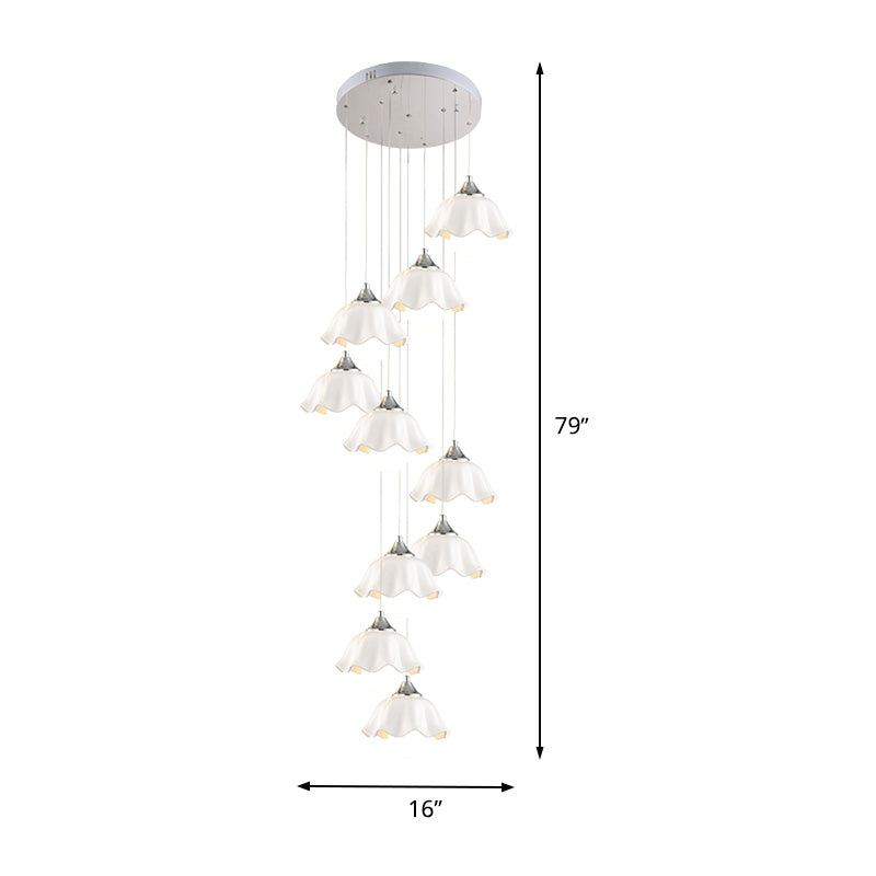 White Glass Scalloped Suspension Light Contemporary 10 Lights Living Room Multi Pendant Lamp Clearhalo 'Ceiling Lights' 'Glass shade' 'Glass' 'Modern Pendants' 'Modern' 'Pendant Lights' 'Pendants' Lighting' 398960