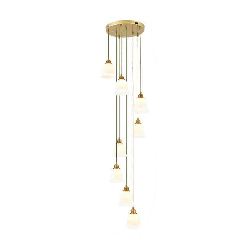 8-Head Pendant Lighting Modernism Stair Multi Ceiling Light with Bell/Dome White Glass Shade Clearhalo 'Ceiling Lights' 'Glass shade' 'Glass' 'Modern Pendants' 'Modern' 'Pendant Lights' 'Pendants' Lighting' 398978