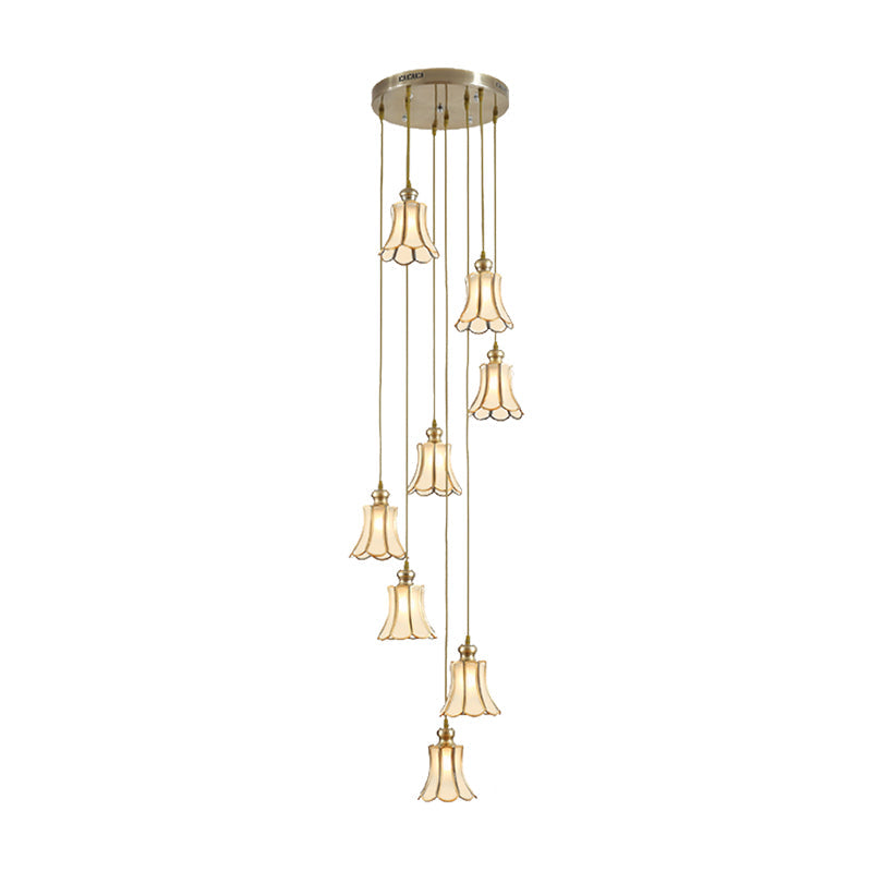 Flower Stair Cluster Pendant Lamp Minimalist Opal Frosted Glass 8-Light Gold Hanging Light Fixture Clearhalo 'Ceiling Lights' 'Glass shade' 'Glass' 'Pendant Lights' 'Pendants' Lighting' 398993