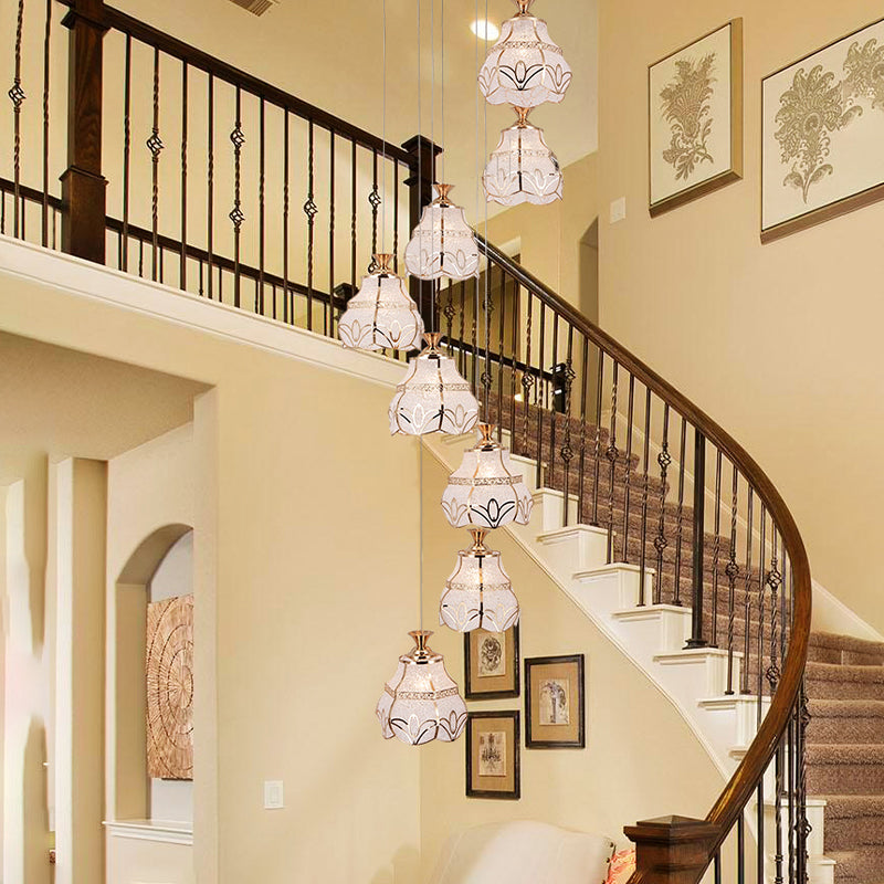 White Glass Spiral Hanging Light Contemporary 8-Light Stair Multi Lamp Pendant with Flower Shade Clearhalo 'Ceiling Lights' 'Glass shade' 'Glass' 'Modern Pendants' 'Modern' 'Pendant Lights' 'Pendants' Lighting' 399007